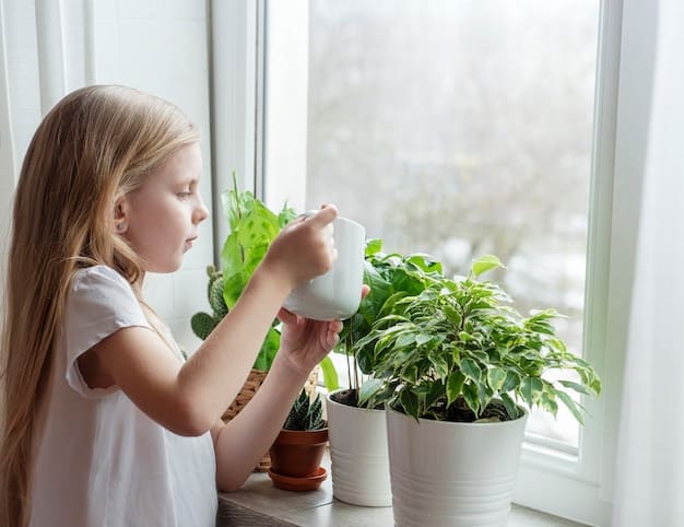 A woman watering a small indoor plant on a windowsill. Sunlight is streaming in, highlighting the green leaves and creating a sense of tranquility and connection with nature.