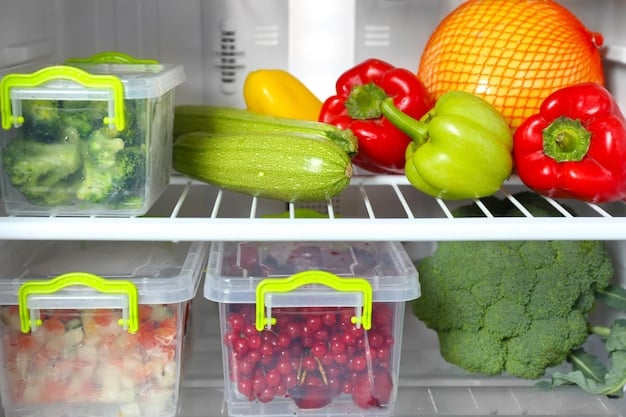 A vibrant refrigerator filled with neatly organized containers of pre-cut vegetables, fruits, and labeled meal components. A meal plan magnet is visible on the door.
