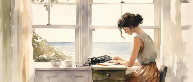 A woman sitting at a table, focused on painting a watercolor landscape. Art supplies are scattered around her, and soft light streams in from a nearby window.