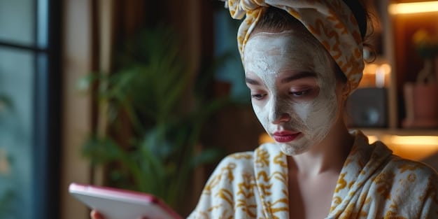 A close-up shot of a woman's hands applying a homemade face mask in a brightly lit bathroom.