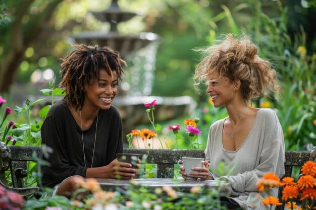 Two diverse women are sitting at a park table, having a conversation, with one smiling as she listens to the other. Their body language is relaxed as they communicate with each other in an outdoor setting.