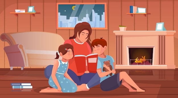 A mother happily reading a book in a quiet corner of her house, while her partner is playing with their child in the background.
