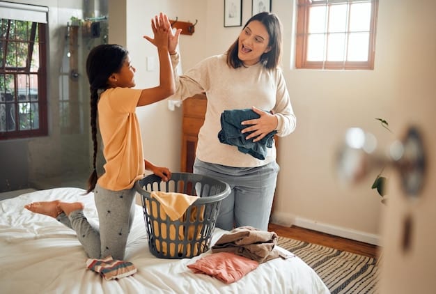 A family working together, with each member doing a small chore in the house, like tidying up toys, folding laundry, or wiping surfaces.