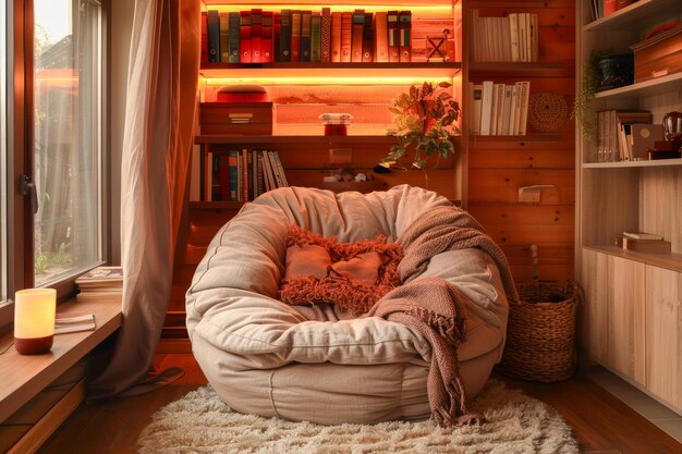 A cozy corner with a comfortable armchair, a soft blanket, a floor lamp, and a small bookshelf filled with books.