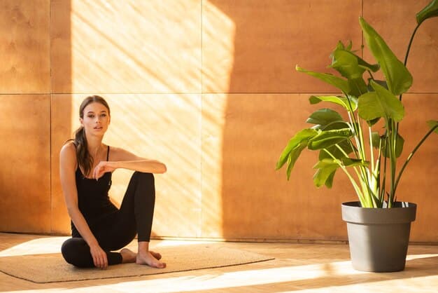 A woman meditating on a yoga mat in a serene, minimalist room with soft lighting and houseplants.