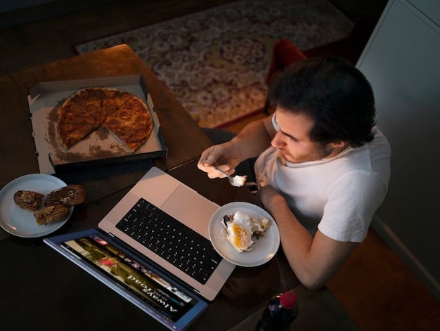 A stressed parent ordering takeout food online on a laptop at night, showing the financial strain of sleep deprivation
