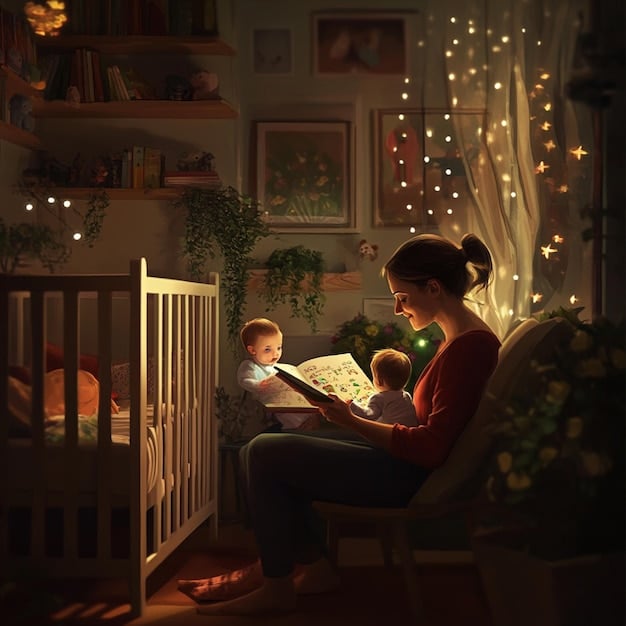 A mother singing a lullaby to her baby as she gently rocks the baby in her arms. The room is softly lit and decorated with comforting elements.