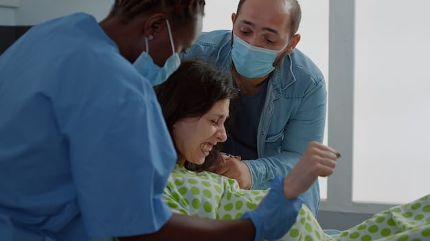 A healthcare provider demonstrating safe sleep practices to new parents. The provider is showing how to properly place a baby on their back in a crib and explaining the importance of a firm mattress and the absence of soft bedding.
