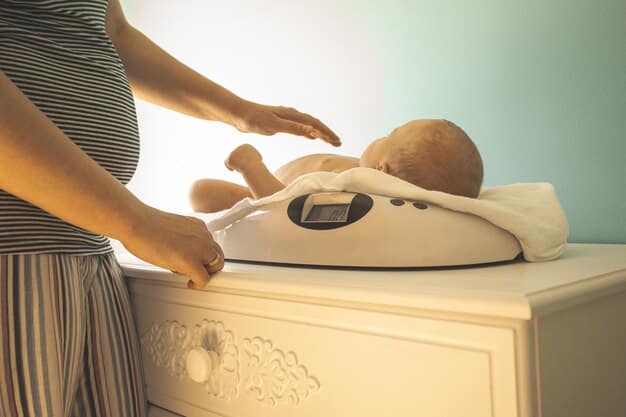 A parent adjusting the volume on a white noise machine in a baby's nursery, ensuring it's set to a safe and moderate level. The machine is placed on a shelf away from the crib.