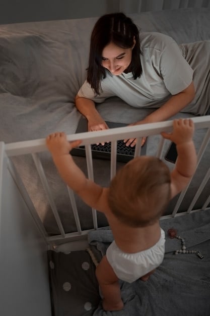 A parent gently placing a drowsy but awake baby into a crib. The baby is swaddled and the room is dimly lit to create a calming sleep environment.