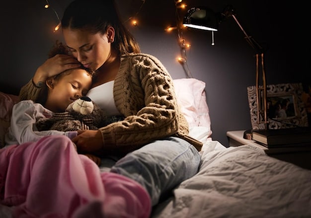 A parent gently placing their baby into a sleep sack in a dimly lit nursery. The parent is smiling, and the baby appears relaxed and content.