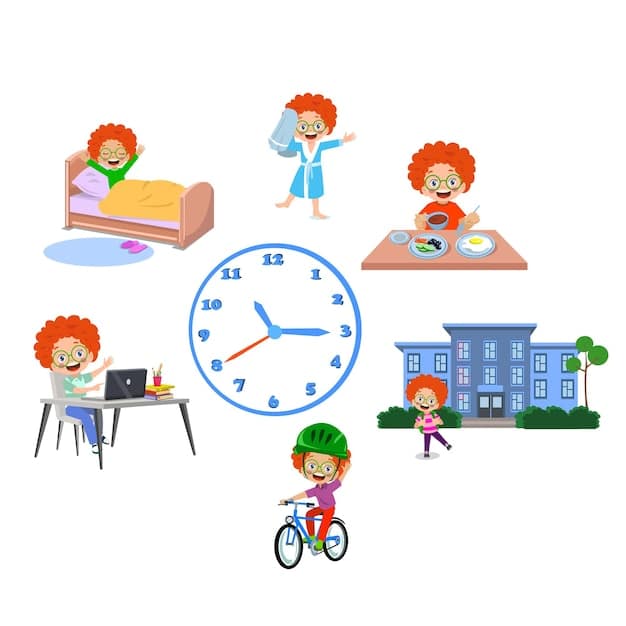 A visual representation of a child's daily routine, showing consistent times for bedtime, wake-up, meals, and activities. The image is bright and colorful, emphasizing the importance of structure.