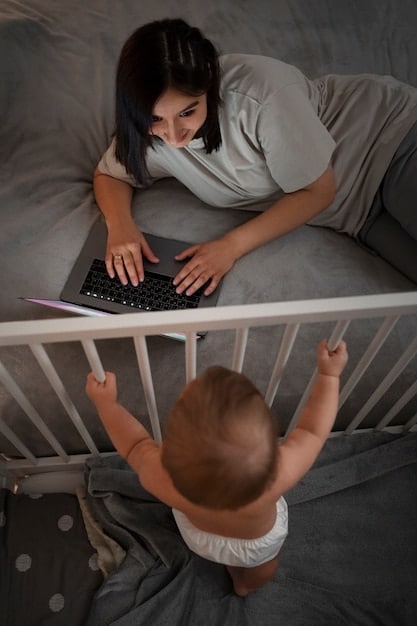 A mother gently placing her sleeping baby in a crib, showcasing a quiet and darkened room. The mother is dressed in comfortable clothing, with a caring expression as she ensures the baby is securely positioned for their nap.