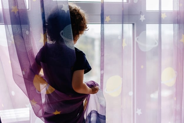 A close-up shot of a child's bedroom window with blackout curtains effectively blocking out external light, creating a dark and peaceful environment conducive to sleep.