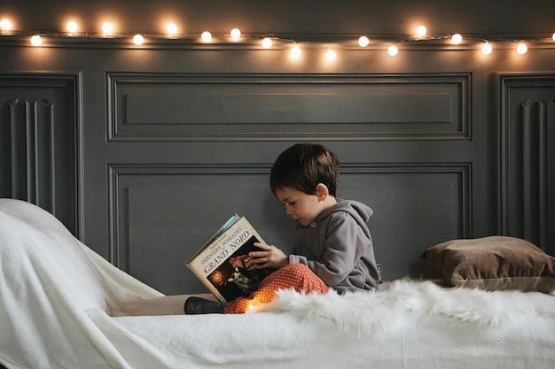 A child reading a physical book in bed, illuminated by a soft, warm-toned bedside lamp, creating a calming and inviting scene for bedtime.