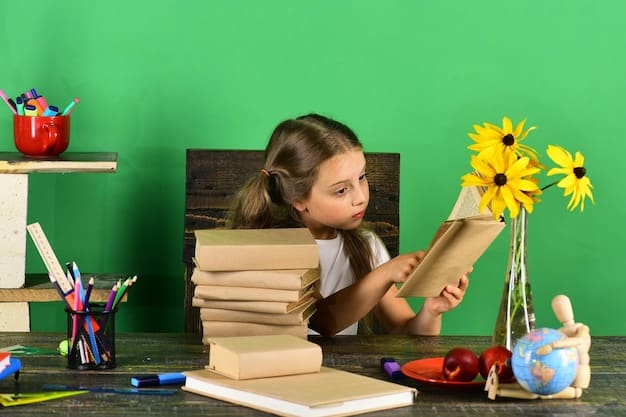 A child concentrating on schoolwork at a desk. The child appears alert and focused. Books and study materials surround them.