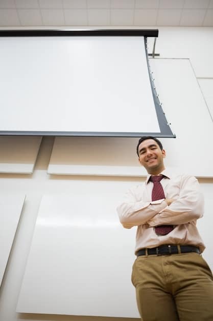 A young adult confidently giving a presentation in a modern office environment, appearing well-rested and prepared.
