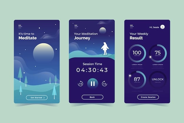 A screenshot of a sleep app interface on a smartphone, displaying sleep tracking data and options for guided meditations and ambient sounds. The interface should be clean and user-friendly.