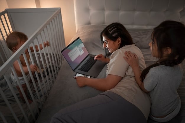 A parent gently putting a baby down in a crib in a dimly lit room, maintaining eye contact and offering a comforting touch.