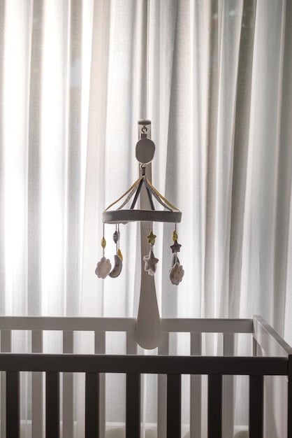 A calming nursery scene with soft lighting, blackout curtains, a white noise machine, and a comfortable crib. The overall atmosphere is peaceful and serene.