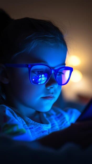 A split image showing a child wearing blue light blocking glasses on one side and a child using a screen with a blue light filter applied on other side.