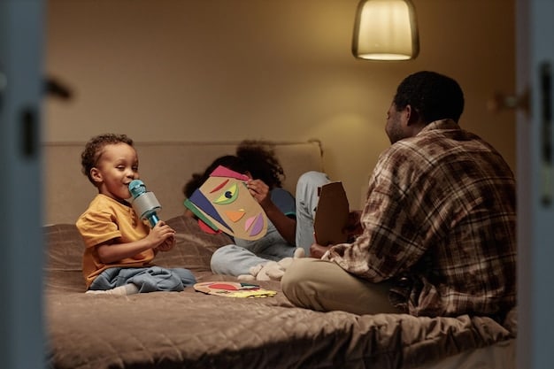 A parent reading a bedtime story to their toddler in a dimly lit room. The toddler is snuggled under the covers, listening attentively to the parent's voice.