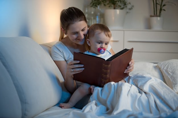 A parent gently reading a picture book to their baby in a dimly lit room. The baby is snuggled close to the parent, and a soft lamp provides a warm glow. The scene conveys a sense of calm and connection, emphasizing the importance of a soothing bedtime routine.