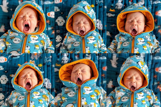A collage of images showing different baby sleep cues, such as rubbing their eyes, yawning, and fussing. Each image is labeled with the corresponding cue.