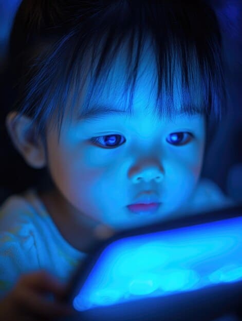 A close-up of a child's face illuminated by the blue light of a smartphone, highlighting the intensity and potential impact on their eyes and brain right before bedtime. The child's expression is neutral, focused on the screen.