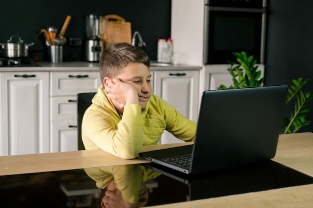 A tired child rubbing their eyes, sitting at a desk with a computer screen in the background, highlighting the connection between screen use and fatigue. The child's posture is slumped, indicating exhaustion.