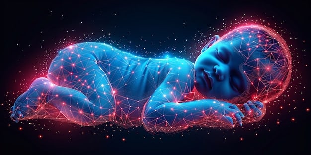 A visual representation of a baby's brain during sleep, highlighting the neural connections being formed and strengthened, with annotations explaining the cognitive benefits of napping for memory and development.