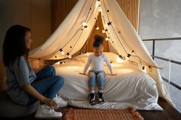 A parent gently patting a child's back while the child lies in their crib. The room has soft lighting, and the parent appears calm and reassuring.
