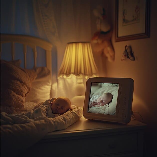 A cozy nursery setting with soft lighting and calming colors. A baby monitor is placed on a bedside table next to a comfortable rocking chair, symbolizing a safe and monitored sleep environment.